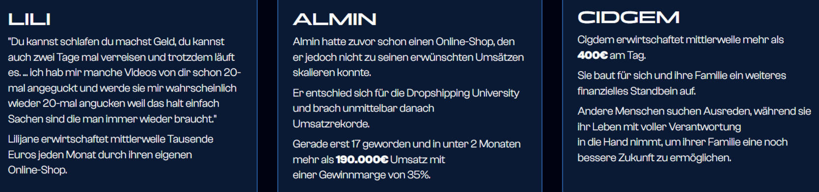 Dropshipping University Erfolgsgeschichten - Testimonials von Teilnehmern